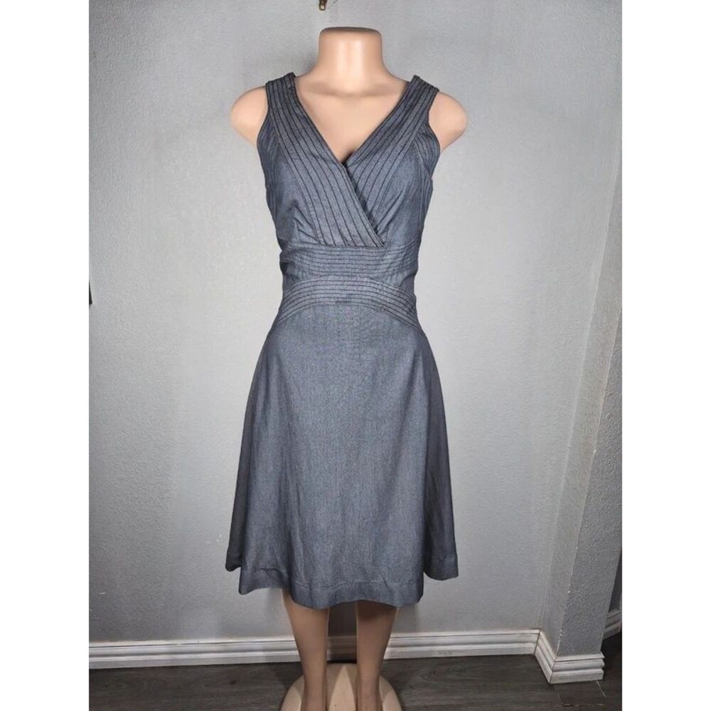 Etcetera Gray Fit & Flare Dress Sleeveless Pleated V Neck Career Cocktail Size 2